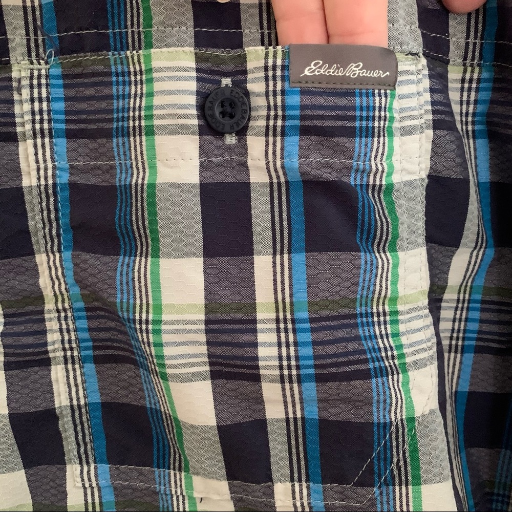 Men’s TL Tall LG EDDIE BAUER Blue Plaid Shirt Sleeve Hiking Outdoor Button Shirt - Picture 6 of 11